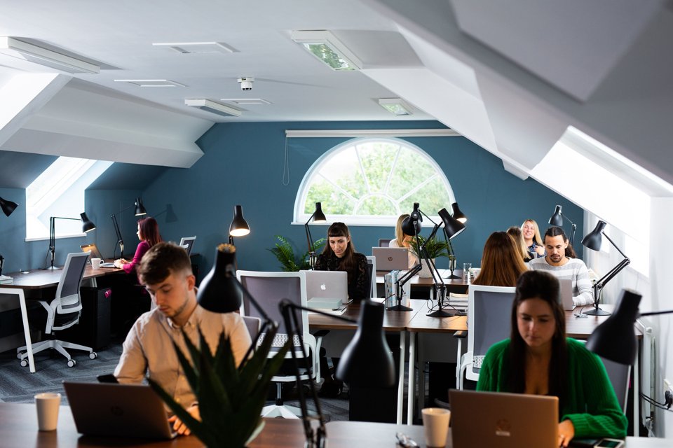 Group of people working on laptops in an office space with turquoise walls and a white ceiling