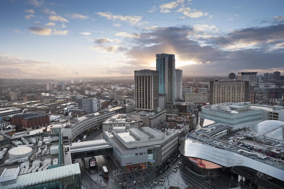 An aerial view of Birmingham city centre at dusk