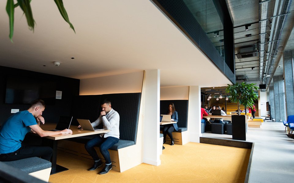 People sat working in booths