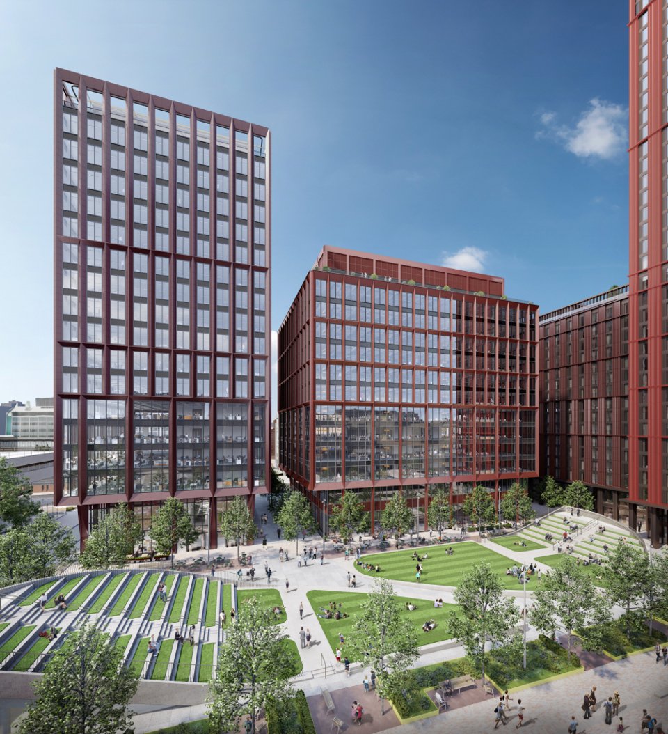 Exterior arial side-view of the Circle Square buildings