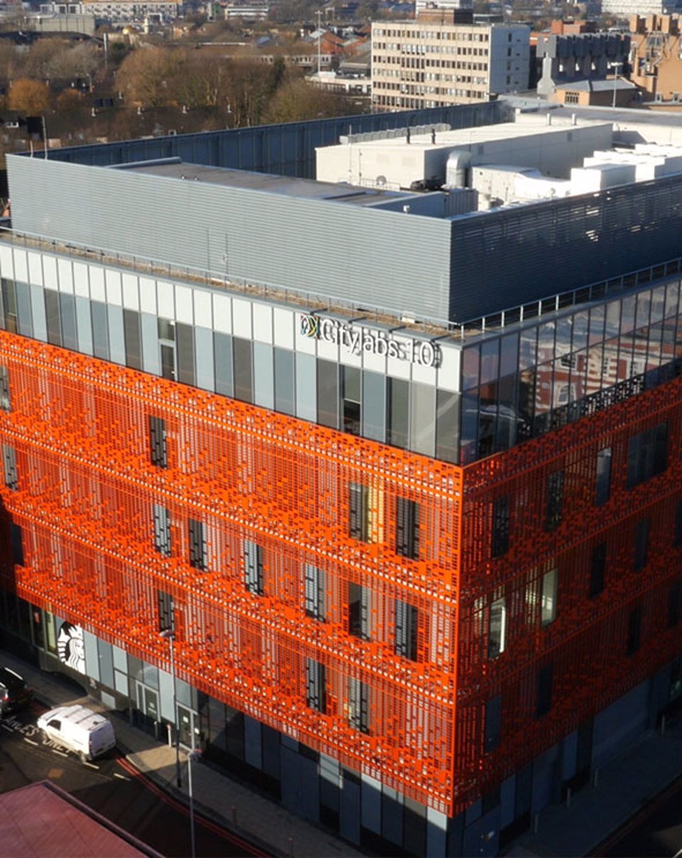 Exterior arial side-view of the CityLabs 1.0 building