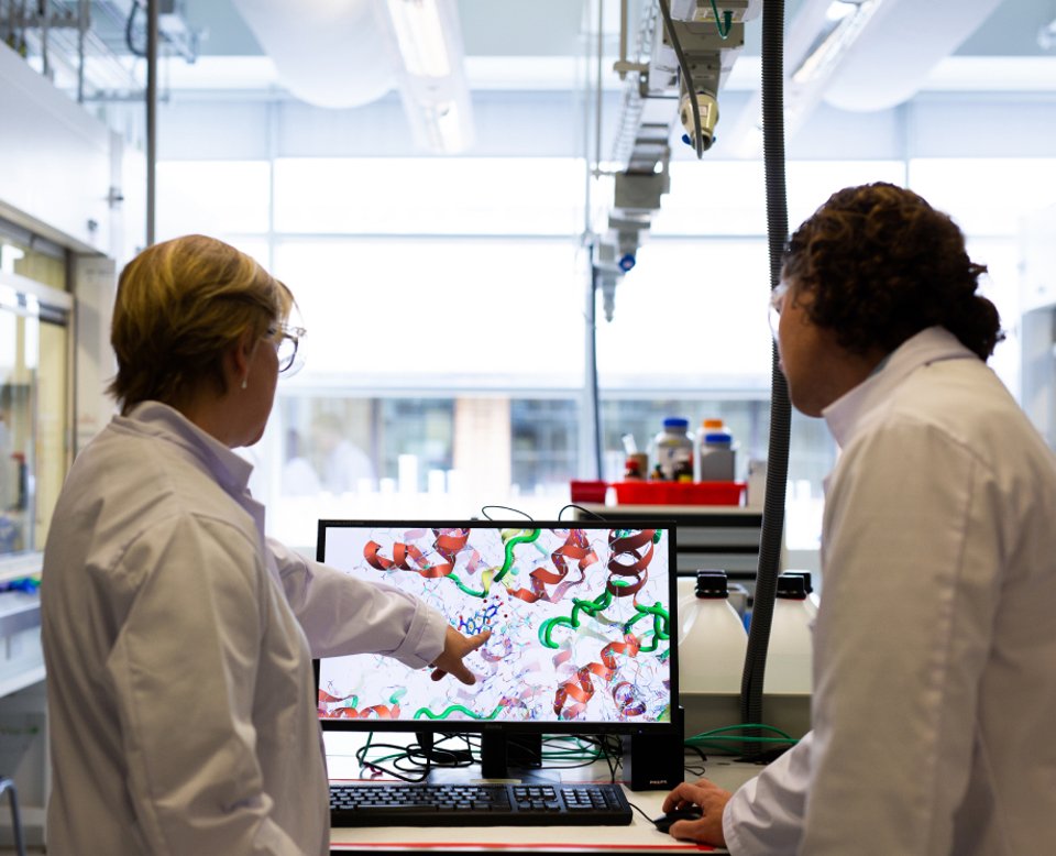 2 people having a discussion and pointing at a monitor in a Citylabs laboratory