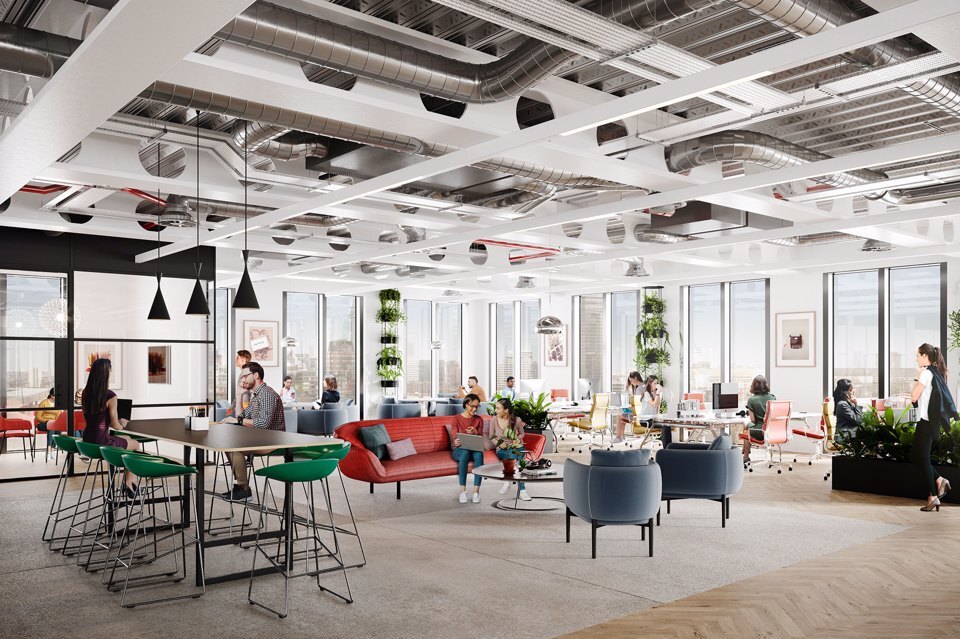 A group of people in an industrial-looking office space within Circle Square