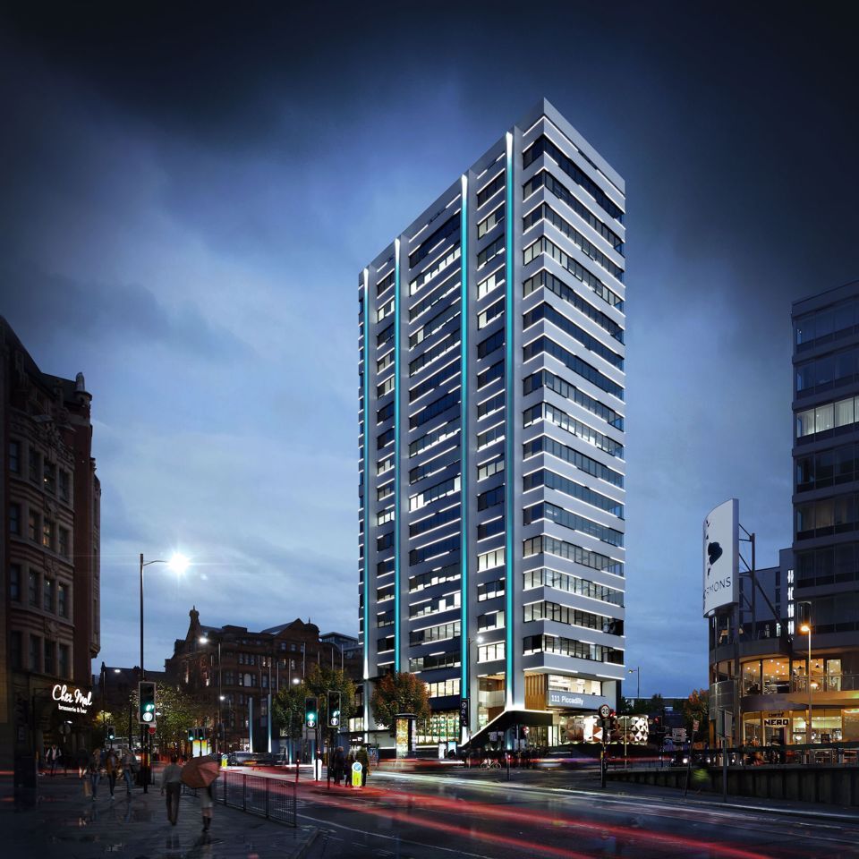 External view of the 111 picadilly building with the night sky in the background