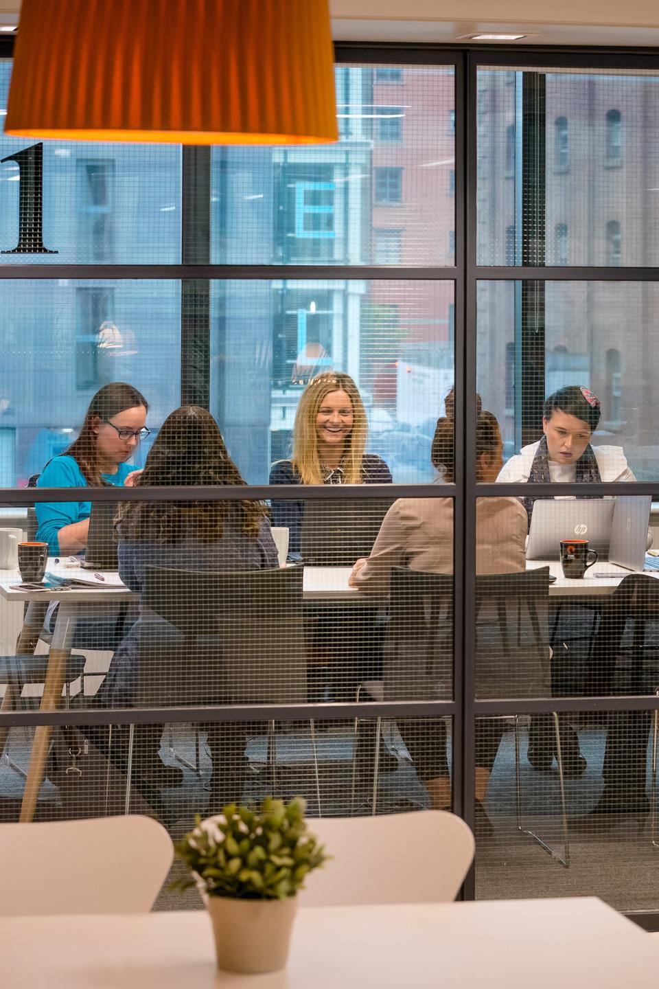 A group of people behind a mesh patterned office screen sat working together in a meeting room at 111 piccadilly